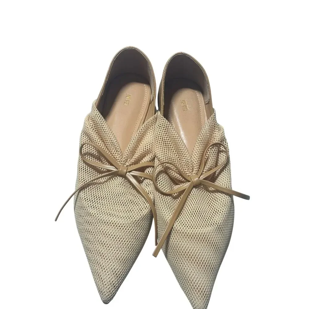 Jw Pei Reilly Fishnet Ballerina Flats Womens 10 Beige Mesh Pointed Toe Bow Tie